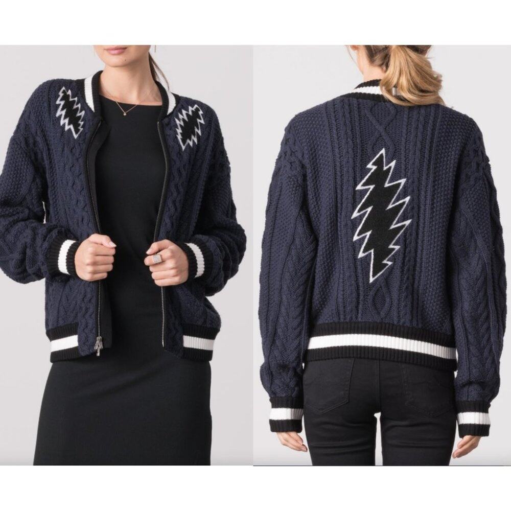 Margaret O'Leary Cable Knit Embroidered Sweater Bomber Jacket Lightning Small